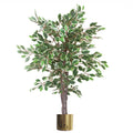 130cm LARGE Realistic White Edge Ficus Artificial Plant Tree Gold Metal Planter - Premium Quality-0