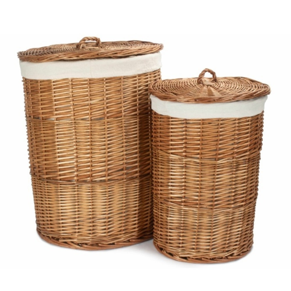 Light Steamed Round White Cotton Lined Wicker Laundry Basket
