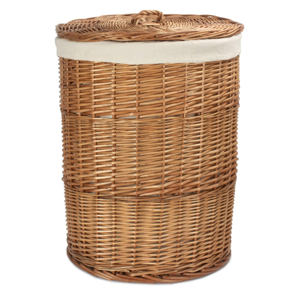 Light Steamed Round White Cotton Lined Wicker Laundry Basket