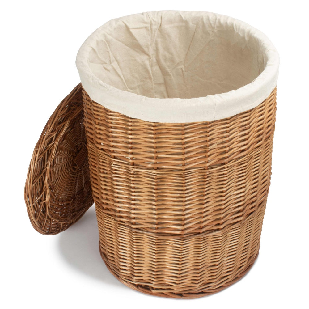 Light Steamed Round White Cotton Lined Wicker Laundry Basket